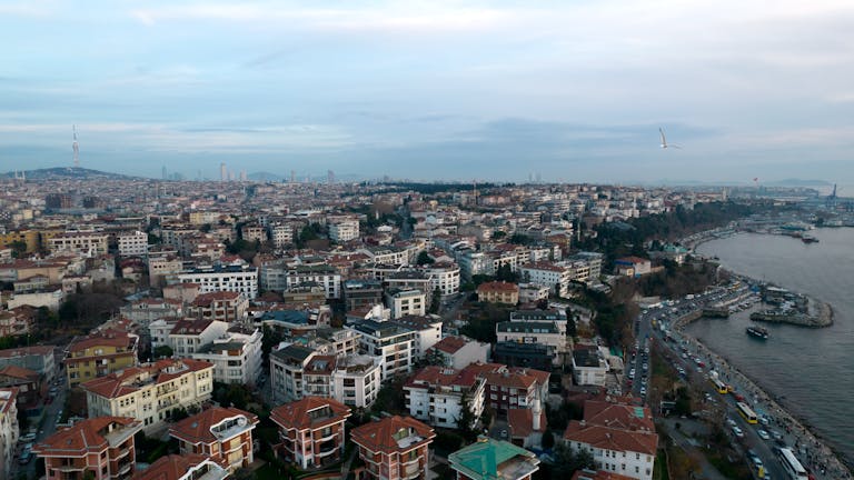 A stunning aerial view of Yolut com in Istanbul, showcasing its urban landscape and waterfront.